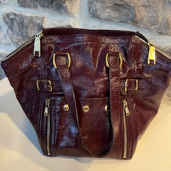 Yves Saint Laurent Rive Gauche Burgundy Patent Leather Sac Downtown Tote - Picture 1 of 14